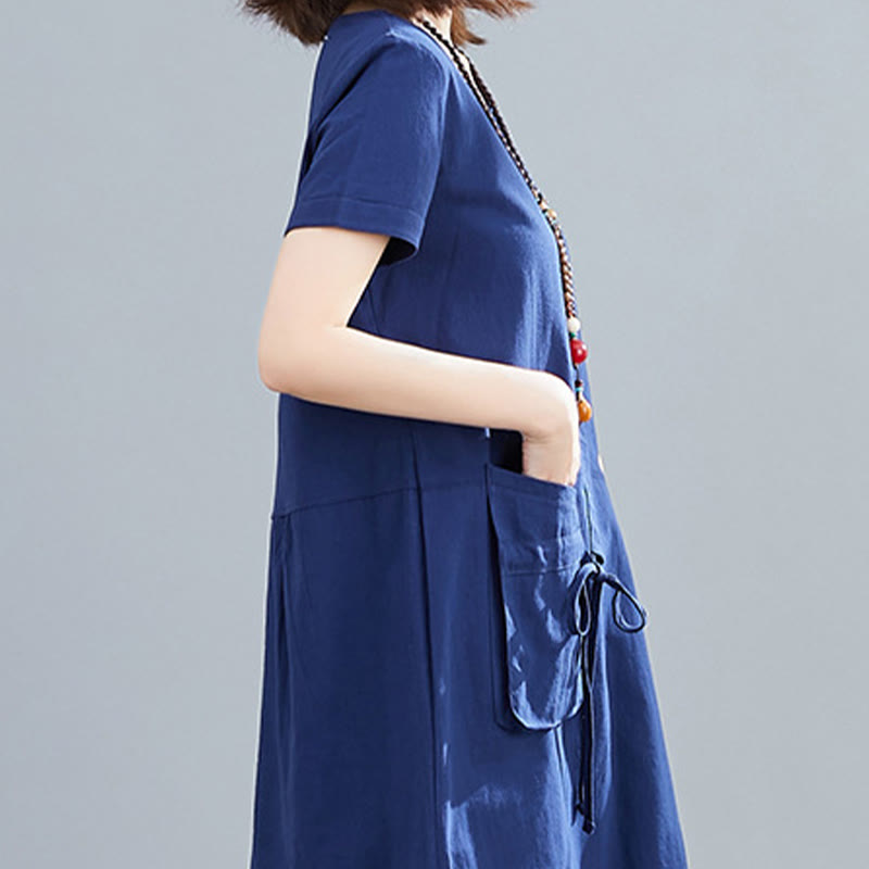 Sukienka midi Buddha Stones Summer Casual Plain Lace-Up Design z okrągłym dekoltem i krótkim rękawem z bawełny i lnu z kieszeniami - image 23