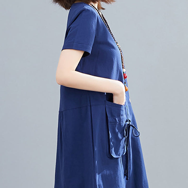 Sukienka midi Buddha Stones Summer Casual Plain Lace-Up Design z okrągłym dekoltem i krótkim rękawem z bawełny i lnu z kieszeniami - image 23