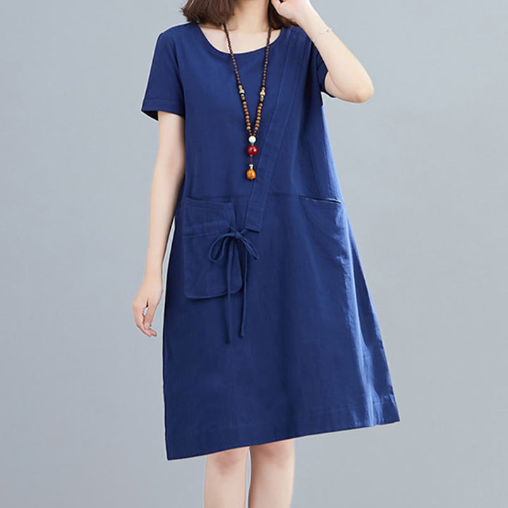Sukienka midi Buddha Stones Summer Casual Plain Lace-Up Design z okrągłym dekoltem i krótkim rękawem z bawełny i lnu z kieszeniami - MediumBlue - US8-10，UK/AU12-14，EU40-42 (2XL) - image 21