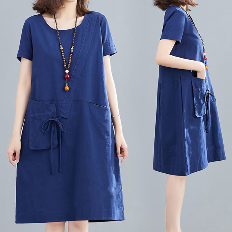 Sukienka midi Buddha Stones Summer Casual Plain Lace-Up Design z okrągłym dekoltem i krótkim rękawem z bawełny i lnu z kieszeniami - image 25