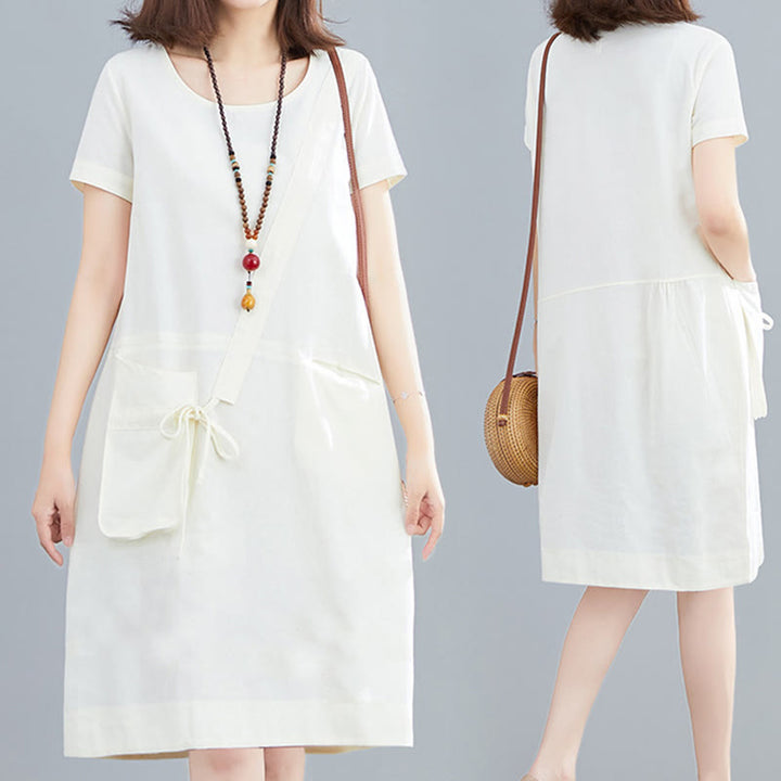 Sukienka midi Buddha Stones Summer Casual Plain Lace-Up Design z okrągłym dekoltem i krótkim rękawem z bawełny i lnu z kieszeniami - image 4