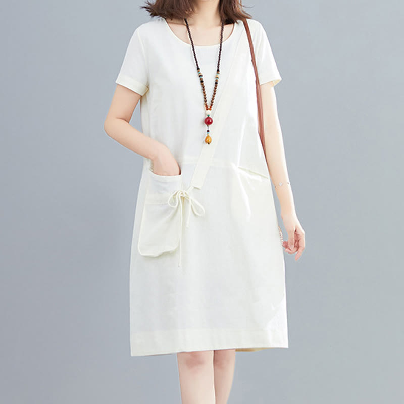 Sukienka midi Buddha Stones Summer Casual Plain Lace-Up Design z okrągłym dekoltem i krótkim rękawem z bawełny i lnu z kieszeniami - Biały - US8-10，UK/AU12-14，EU40-42 (2XL) - image 0