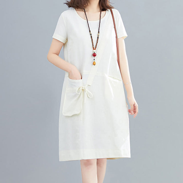 Sukienka midi Buddha Stones Summer Casual Plain Lace-Up Design z okrągłym dekoltem i krótkim rękawem z bawełny i lnu z kieszeniami - Biały - US8-10，UK/AU12-14，EU40-42 (2XL) - image 0