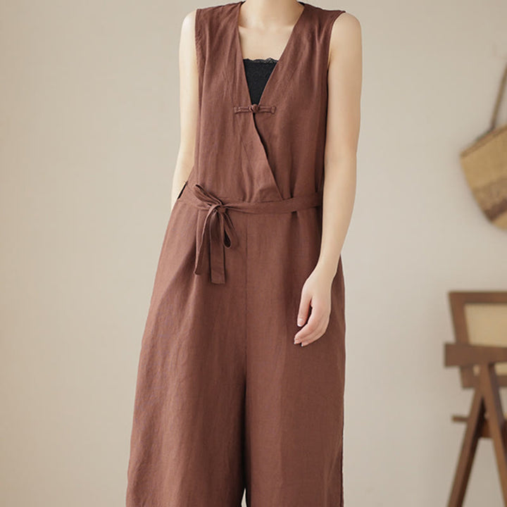 Kombinezon damski z bawełny i lnu z kieszeniami, swobodny, sznurowany, bez rękawów i z Buddha Stones - image 3