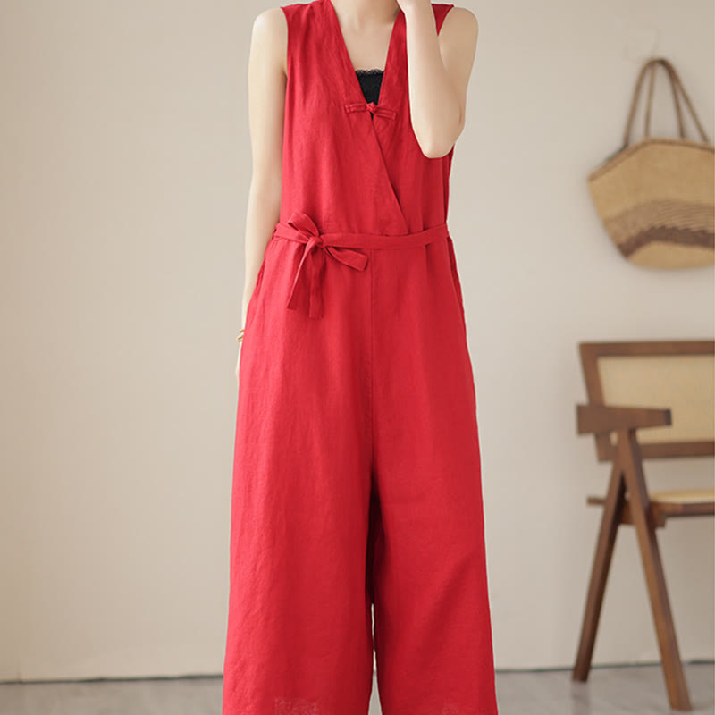 Kombinezon damski z bawełny i lnu z kieszeniami, swobodny, sznurowany, bez rękawów i z Buddha Stones - image 8