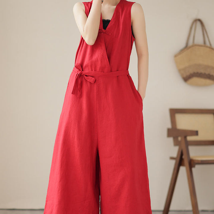 Kombinezon damski z bawełny i lnu z kieszeniami, swobodny, sznurowany, bez rękawów i z Buddha Stones - image 10