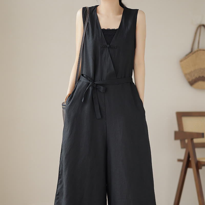 Kombinezon damski z bawełny i lnu z kieszeniami, swobodny, sznurowany, bez rękawów i z Buddha Stones - image 21