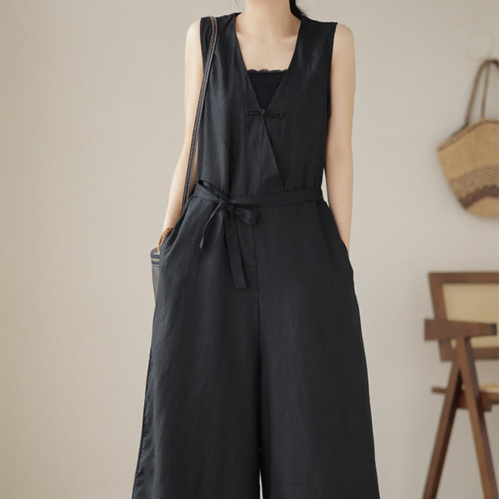 Kombinezon damski z bawełny i lnu z kieszeniami, swobodny, sznurowany, bez rękawów i z Buddha Stones - image 21