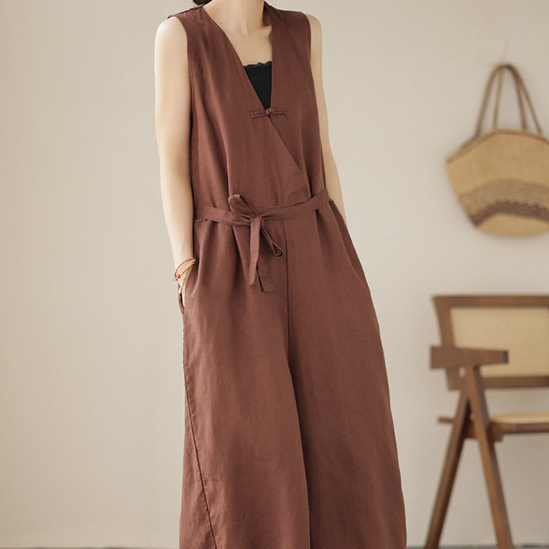 Kombinezon damski z bawełny i lnu z kieszeniami, swobodny, sznurowany, bez rękawów i z Buddha Stones - image 5