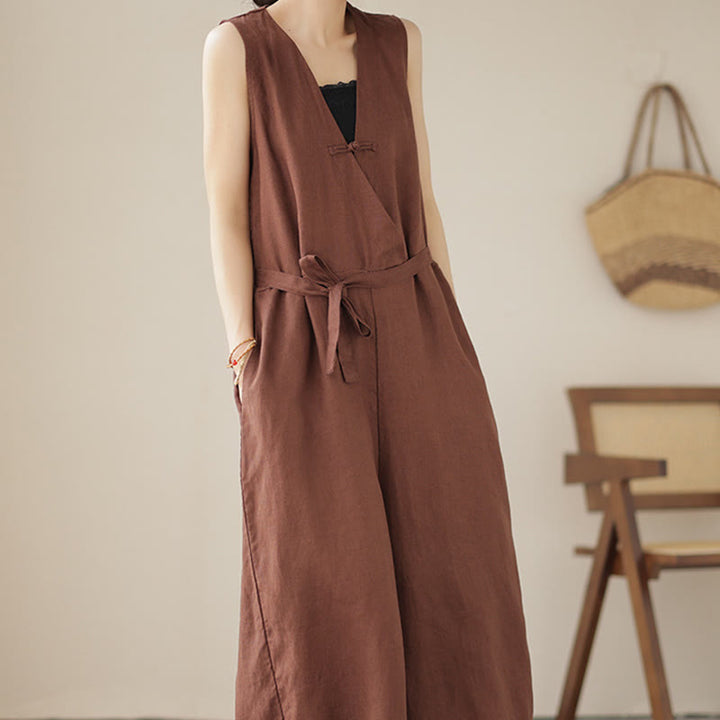 Kombinezon damski z bawełny i lnu z kieszeniami, swobodny, sznurowany, bez rękawów i z Buddha Stones - image 5