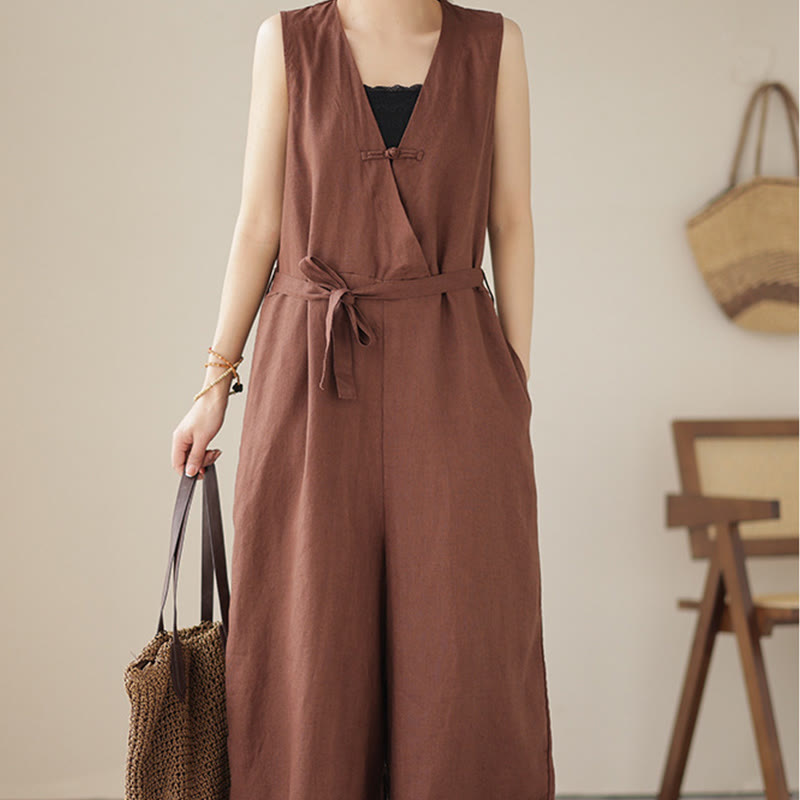 Kombinezon damski z bawełny i lnu z kieszeniami, swobodny, sznurowany, bez rękawów i z Buddha Stones - image 1