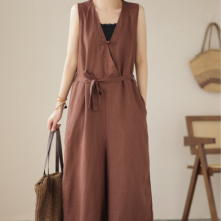 Kombinezon damski z bawełny i lnu z kieszeniami, swobodny, sznurowany, bez rękawów i z Buddha Stones - image 1
