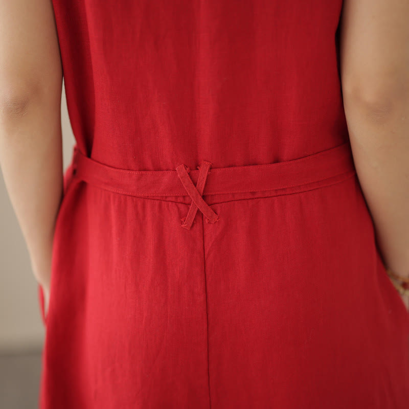 Kombinezon damski z bawełny i lnu z kieszeniami, swobodny, sznurowany, bez rękawów i z Buddha Stones - image 14