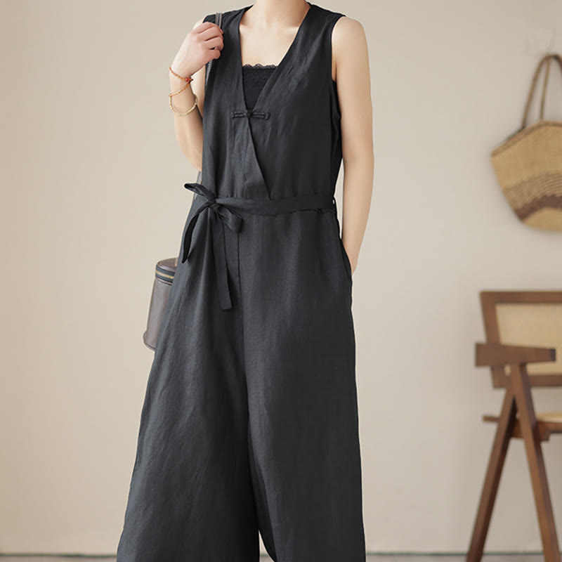 Kombinezon damski z bawełny i lnu z kieszeniami, swobodny, sznurowany, bez rękawów i z Buddha Stones - image 19