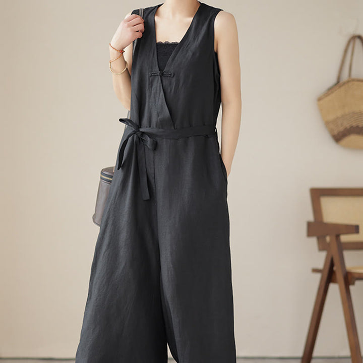 Kombinezon damski z bawełny i lnu z kieszeniami, swobodny, sznurowany, bez rękawów i z Buddha Stones - image 19