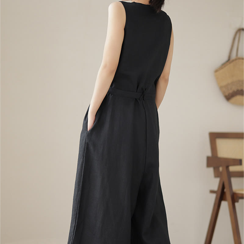 Kombinezon damski z bawełny i lnu z kieszeniami, swobodny, sznurowany, bez rękawów i z Buddha Stones - image 20