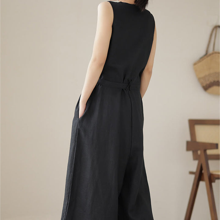 Kombinezon damski z bawełny i lnu z kieszeniami, swobodny, sznurowany, bez rękawów i z Buddha Stones - image 20