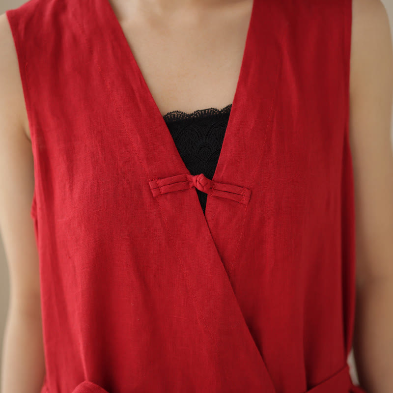 Kombinezon damski z bawełny i lnu z kieszeniami, swobodny, sznurowany, bez rękawów i z Buddha Stones - image 13