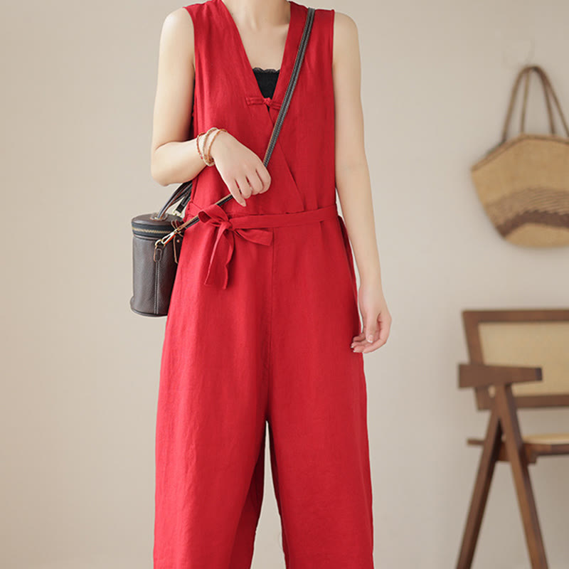 Kombinezon damski z bawełny i lnu z kieszeniami, swobodny, sznurowany, bez rękawów i z Buddha Stones - image 11