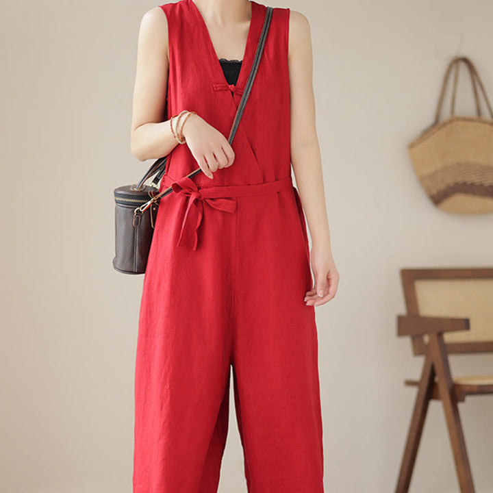 Kombinezon damski z bawełny i lnu z kieszeniami, swobodny, sznurowany, bez rękawów i z Buddha Stones - image 11