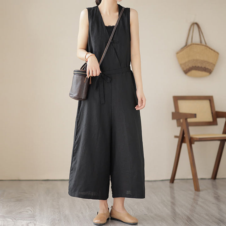 Kombinezon damski z bawełny i lnu z kieszeniami, swobodny, sznurowany, bez rękawów i z Buddha Stones - image 17