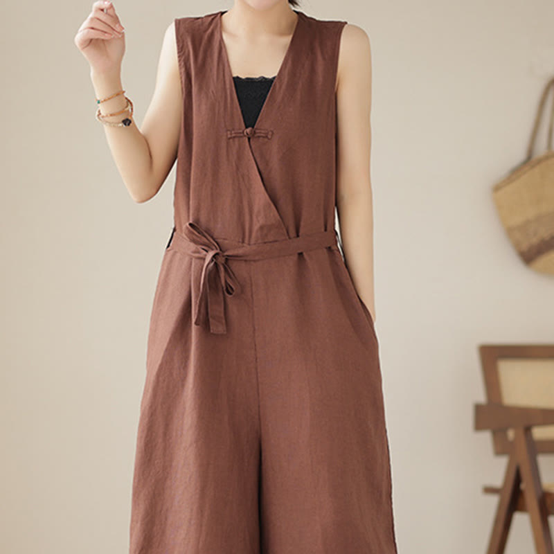 Kombinezon damski z bawełny i lnu z kieszeniami, swobodny, sznurowany, bez rękawów i z Buddha Stones - image 2