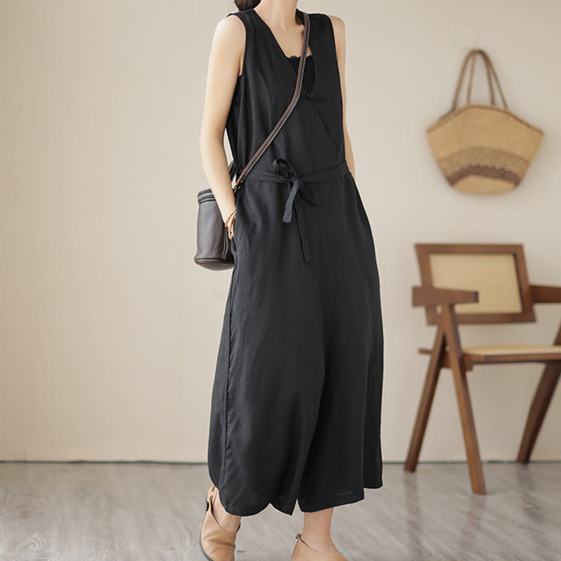 Kombinezon damski z bawełny i lnu z kieszeniami, swobodny, sznurowany, bez rękawów i z Buddha Stones - Czarny - US14, UK/AU18, EU46 (2XL) - image 16