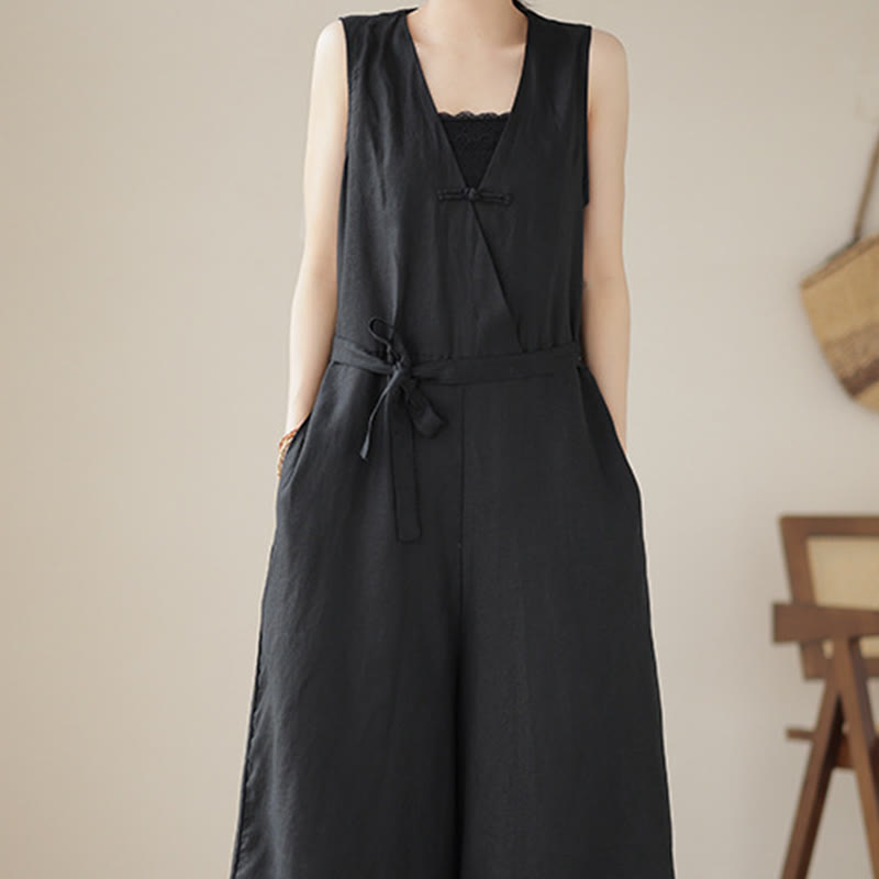 Kombinezon damski z bawełny i lnu z kieszeniami, swobodny, sznurowany, bez rękawów i z Buddha Stones - image 18