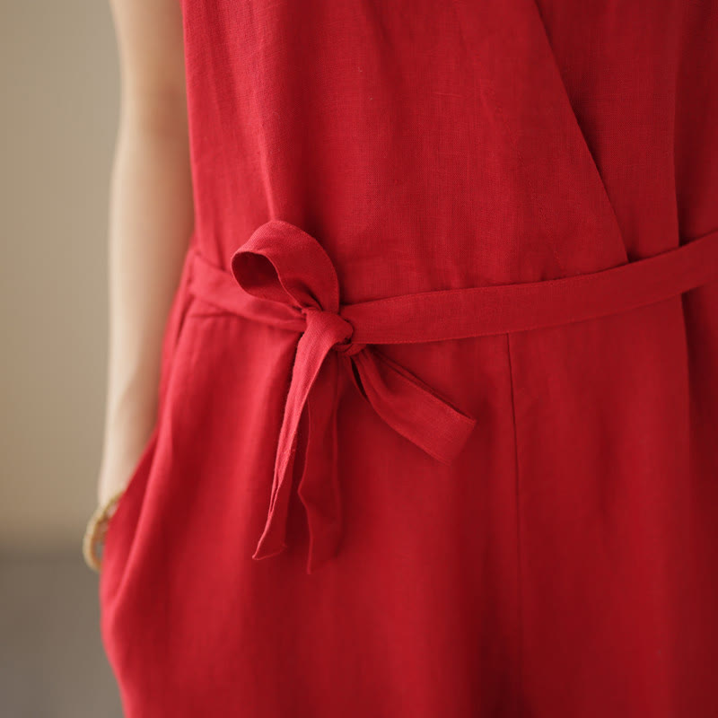 Kombinezon damski z bawełny i lnu z kieszeniami, swobodny, sznurowany, bez rękawów i z Buddha Stones - image 15