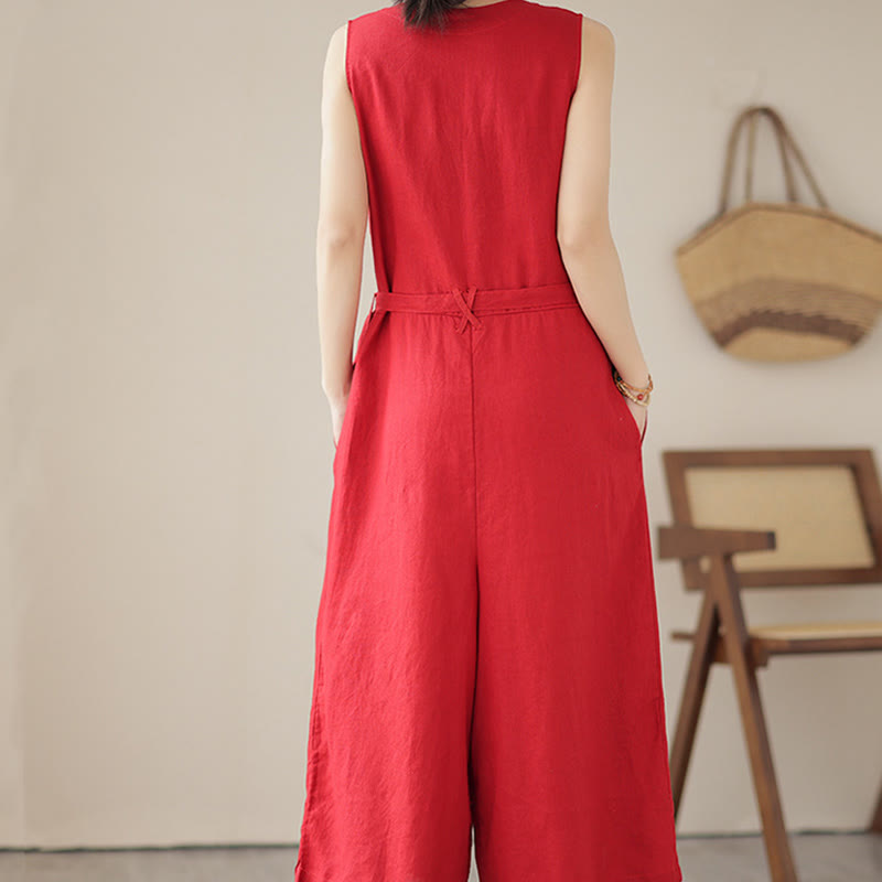 Kombinezon damski z bawełny i lnu z kieszeniami, swobodny, sznurowany, bez rękawów i z Buddha Stones - image 9