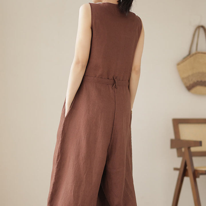 Kombinezon damski z bawełny i lnu z kieszeniami, swobodny, sznurowany, bez rękawów i z Buddha Stones - image 4