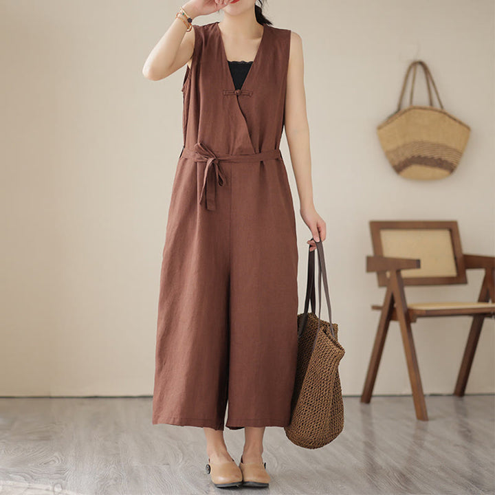 Kombinezon damski z bawełny i lnu z kieszeniami, swobodny, sznurowany, bez rękawów i z Buddha Stones - SaddleBrown - US14, UK/AU18, EU46 (2XL) - image 0