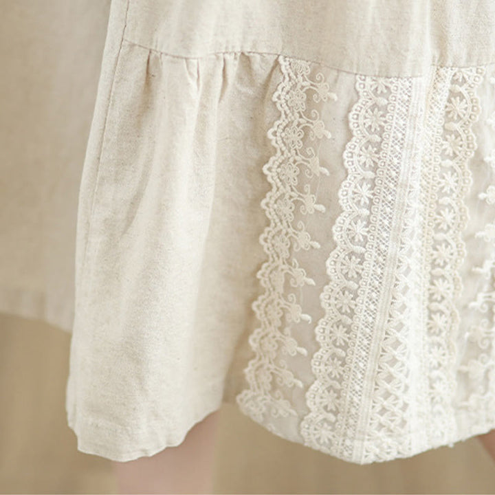 Buddha Stones Casualowe Gładkie Koronkowe Łączenie Bawełny Lniane Damskie Spodnie Szerokie Nogawki Z Kieszeniami - image 9