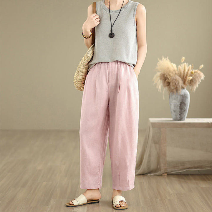 Buddha Stones Casual Lato Jednolity Kolor Wysoki Stan Damskie Bawełniane Lniane Spodnie Harem Z Kieszeniami