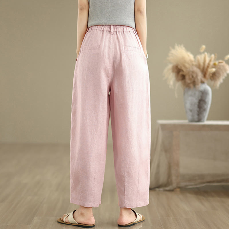 Buddha Stones Casual Lato Jednolity Kolor Wysoki Stan Damskie Bawełniane Lniane Spodnie Harem Z Kieszeniami