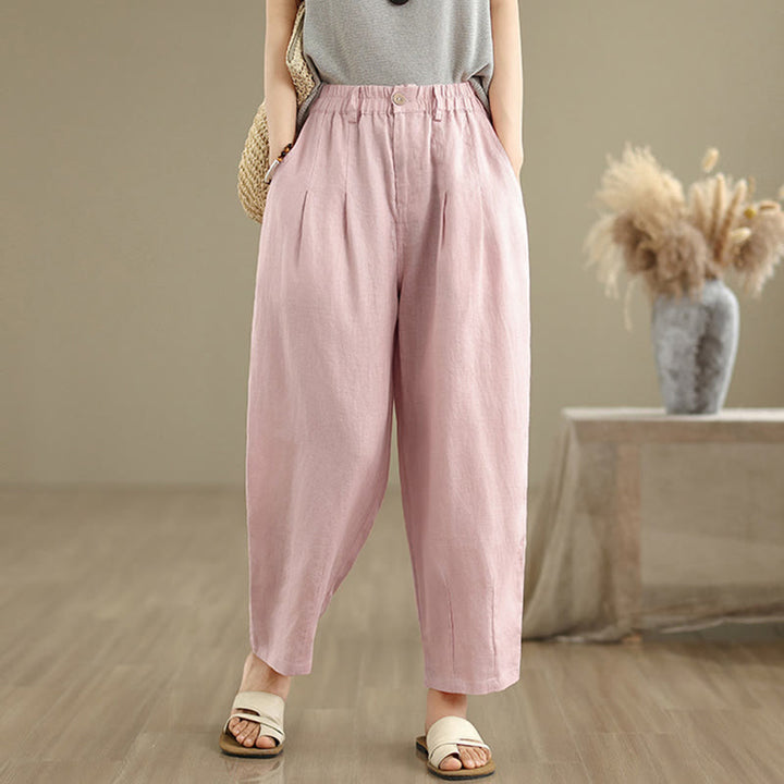 Buddha Stones Casual Lato Jednolity Kolor Wysoki Stan Damskie Bawełniane Lniane Spodnie Harem Z Kieszeniami