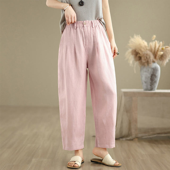 Buddha Stones Casual Lato Jednolity Kolor Wysoki Stan Damskie Bawełniane Lniane Spodnie Harem Z Kieszeniami