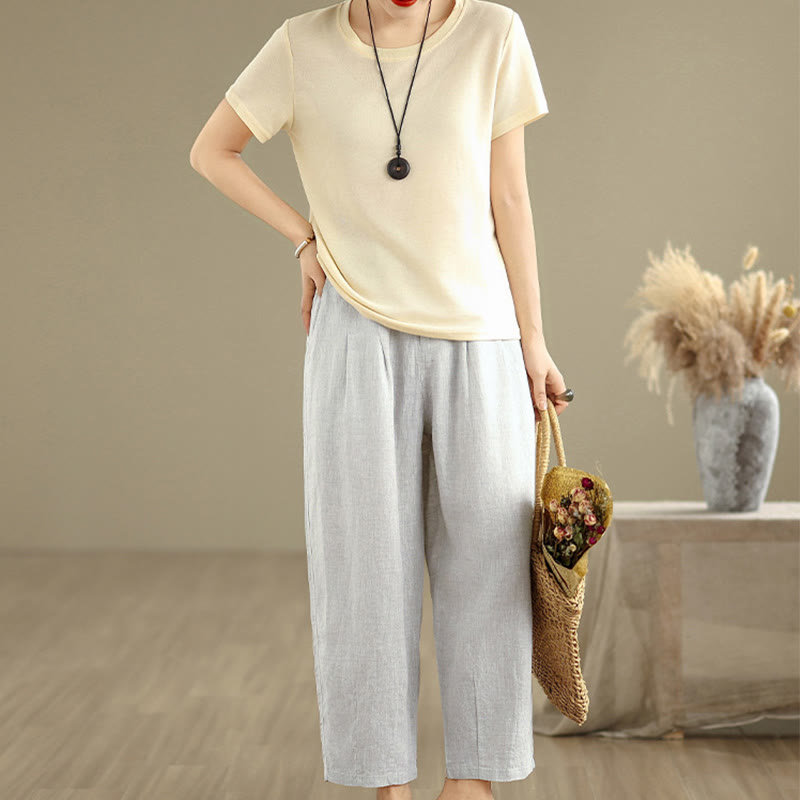 Buddha Stones Casual Lato Jednolity Kolor Wysoki Stan Damskie Bawełniane Lniane Spodnie Harem Z Kieszeniami