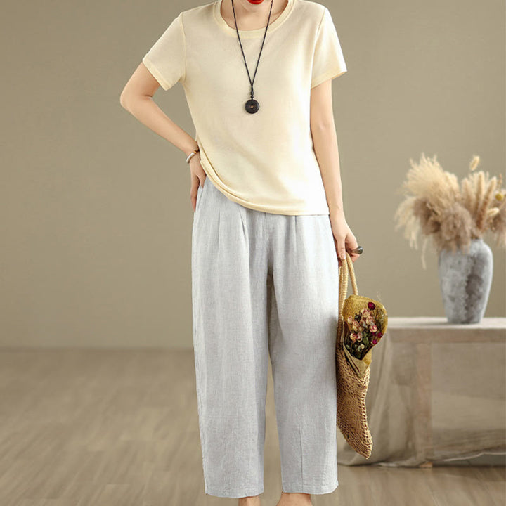 Buddha Stones Casual Lato Jednolity Kolor Wysoki Stan Damskie Bawełniane Lniane Spodnie Harem Z Kieszeniami