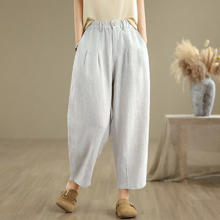 Buddha Stones Casual Lato Jednolity Kolor Wysoki Stan Damskie Bawełniane Lniane Spodnie Harem Z Kieszeniami - Gainsboro - US8-10，UK/AU12-14，EU40-42 (2XL) - image 0