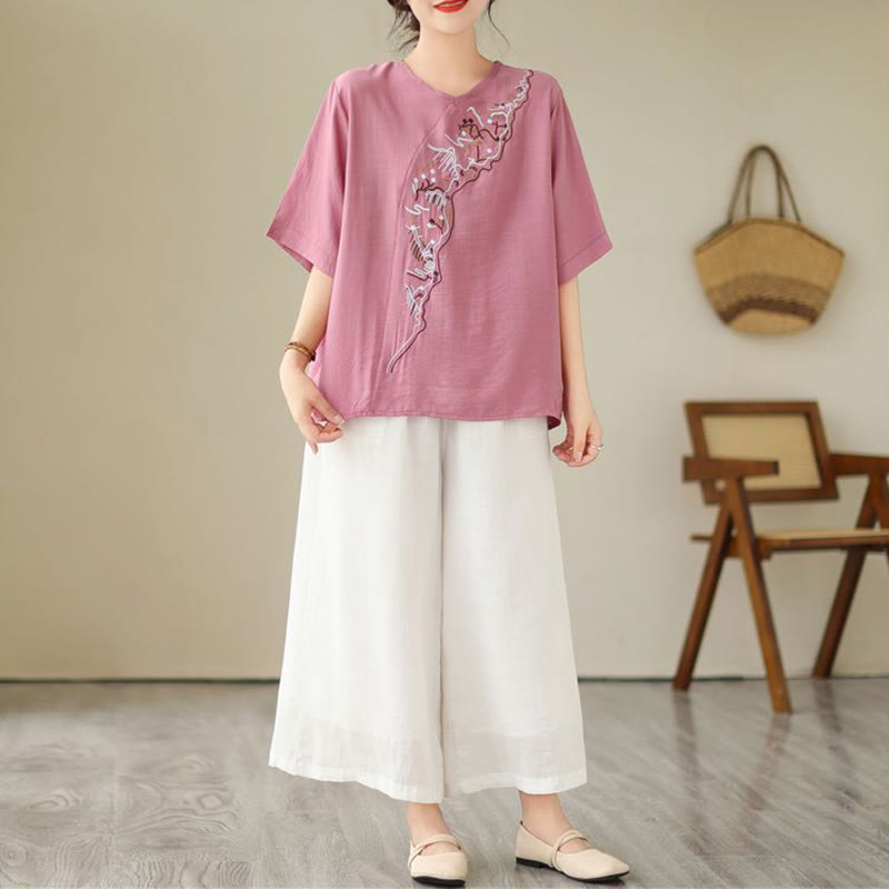 Buddha Stones Etniczny swobodny haftowany wzór geometryczny damski okrągły dekolt półrękaw T-shirt - image 5