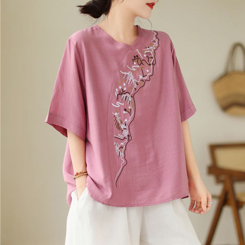 Buddha Stones Etniczny swobodny haftowany wzór geometryczny damski okrągły dekolt półrękaw T-shirt - image 3