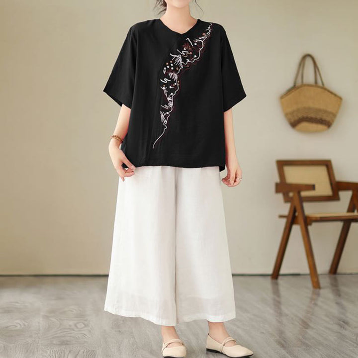 Buddha Stones Etniczny swobodny haftowany wzór geometryczny damski okrągły dekolt półrękaw T-shirt - image 9