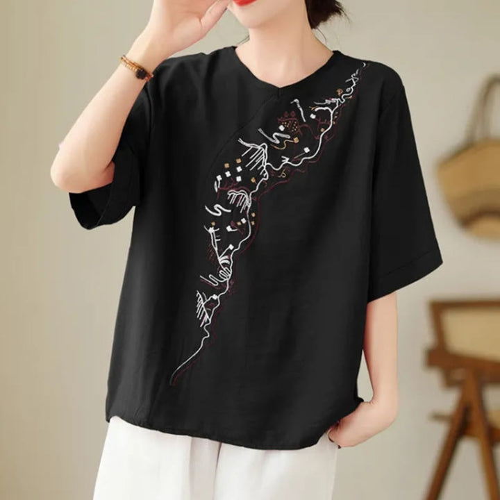 Buddha Stones Etniczny swobodny haftowany wzór geometryczny damski okrągły dekolt półrękaw T-shirt - Czarny - US14, UK/AU18, EU46 (4XL) - image 8