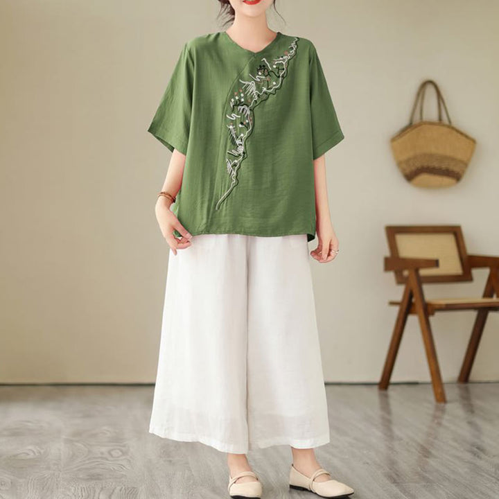 Buddha Stones Etniczny swobodny haftowany wzór geometryczny damski okrągły dekolt półrękaw T-shirt - image 1