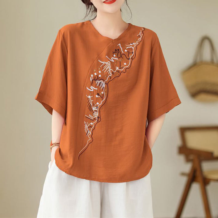 Buddha Stones Etniczny swobodny haftowany wzór geometryczny damski okrągły dekolt półrękaw T-shirt - image 7