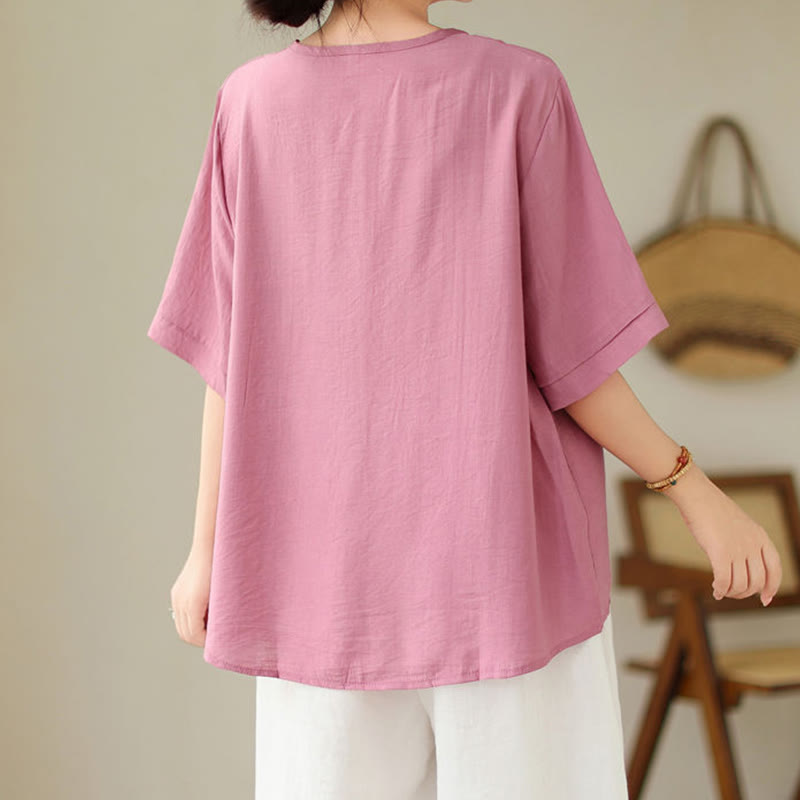 Buddha Stones Etniczny swobodny haftowany wzór geometryczny damski okrągły dekolt półrękaw T-shirt - image 4