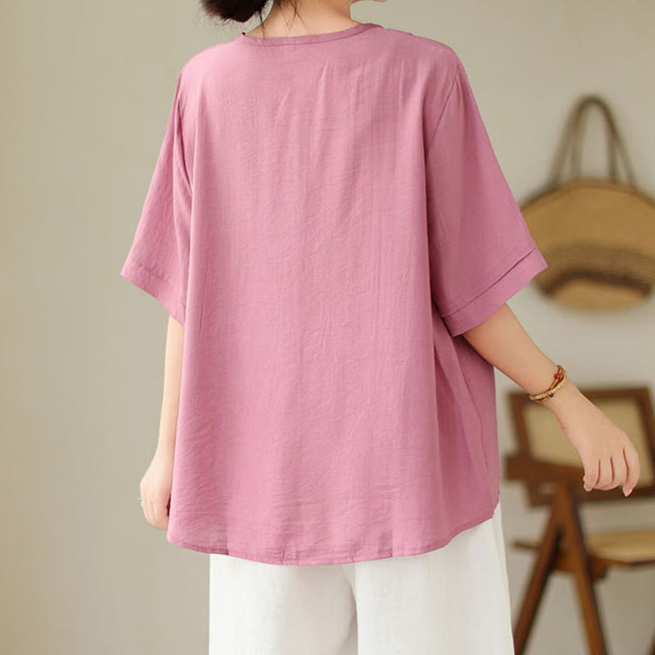 Buddha Stones Etniczny swobodny haftowany wzór geometryczny damski okrągły dekolt półrękaw T-shirt - image 4