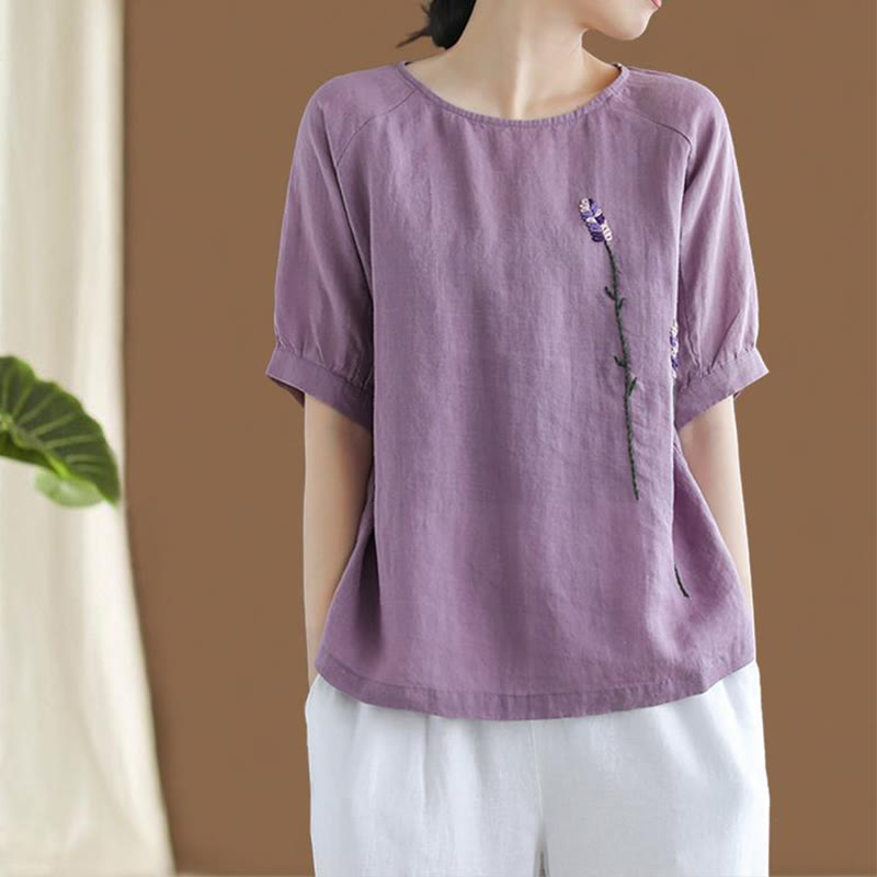 Buddha Stones Lato Vintage Haftowane Kwiatowe Wzory Damska Koszulka Z Okrągłym Dekoltem Projekt Bawełniana Lniana - MediumOrchid - US8-10，UK/AU12-14，EU40-42 (2XL) - image 0