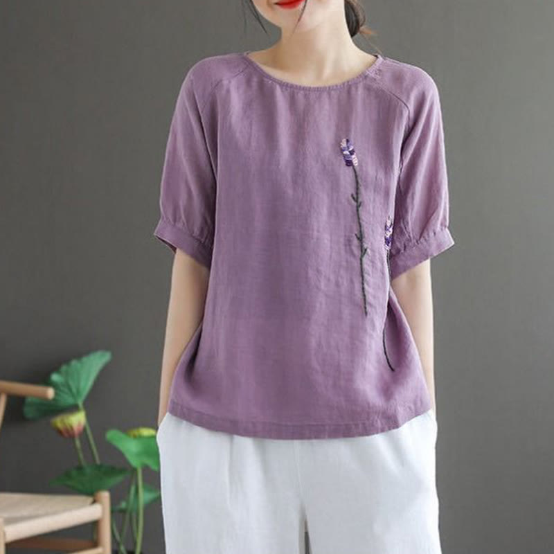 Buddha Stones Lato Vintage Haftowane Kwiatowe Wzory Damska Koszulka Z Okrągłym Dekoltem Projekt Bawełniana Lniana - image 1